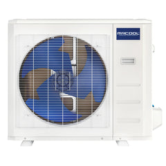 MRCOOL outdoor inverter air conditioner unit with large blue fan and white metal casing
