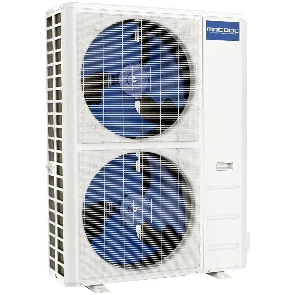 MRCOOL outdoor HVAC unit with dual blue fans and white vented casing