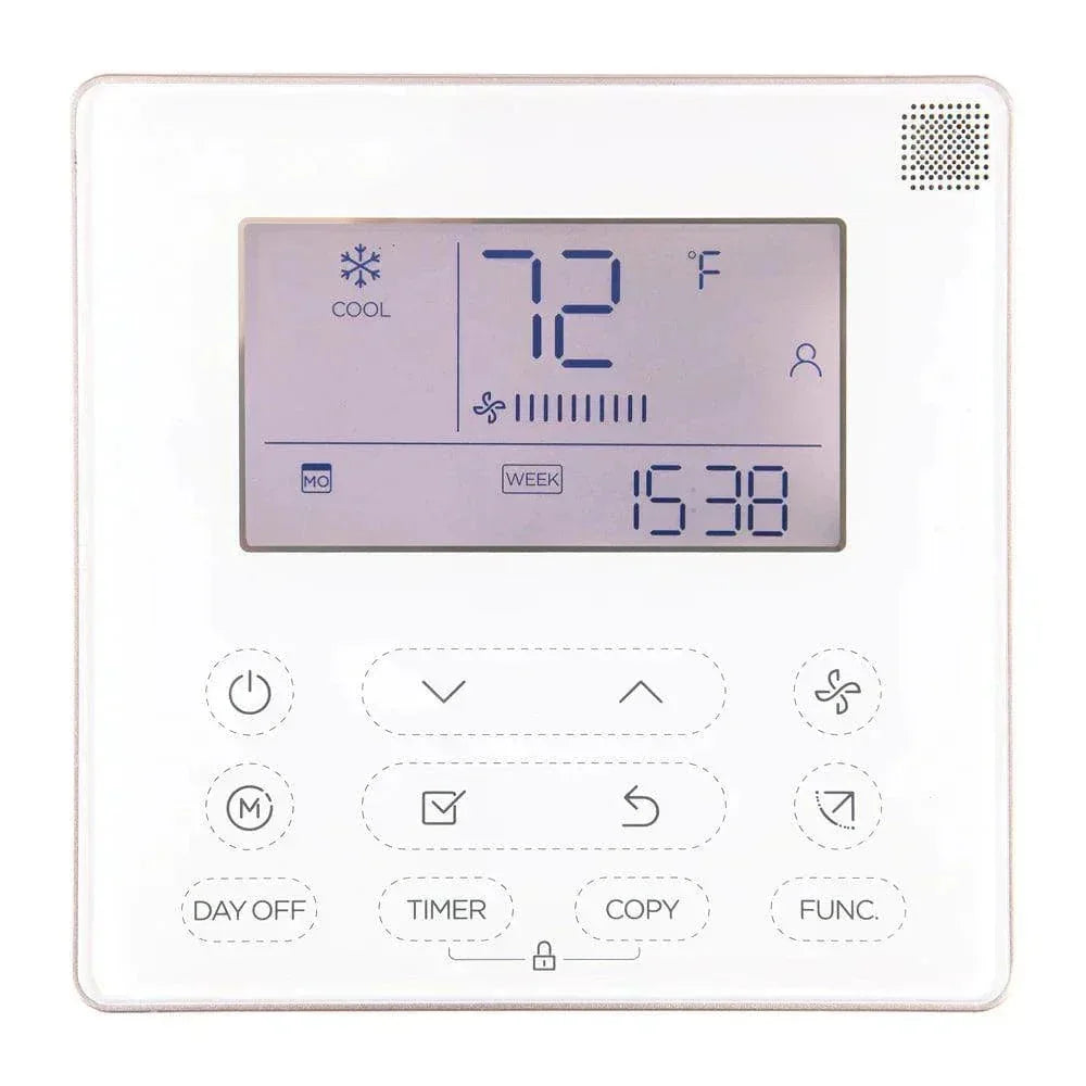 MC-AHU digital thermostat with LCD screen, temperature display, and control buttons
