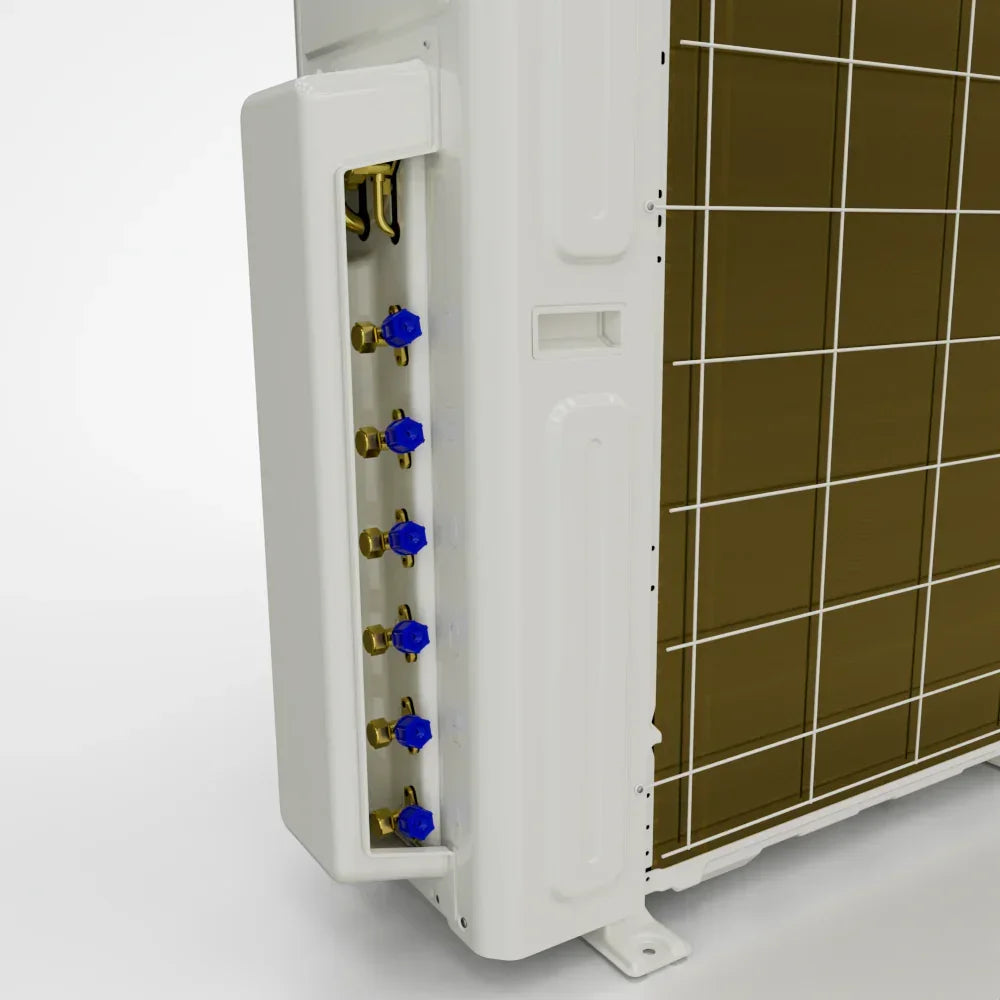Multi-port inverter connection panel with blue valve caps and grid-patterned housing