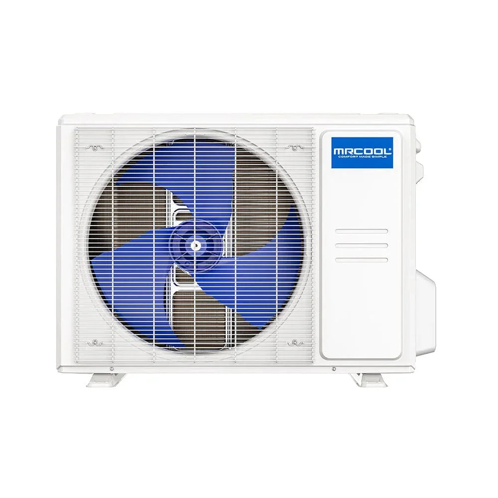 MRCOOL outdoor air conditioner unit with blue fan and white protective grille