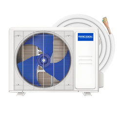 MRCOOL outdoor HVAC condenser unit with blue fan and attached white insulated line set
