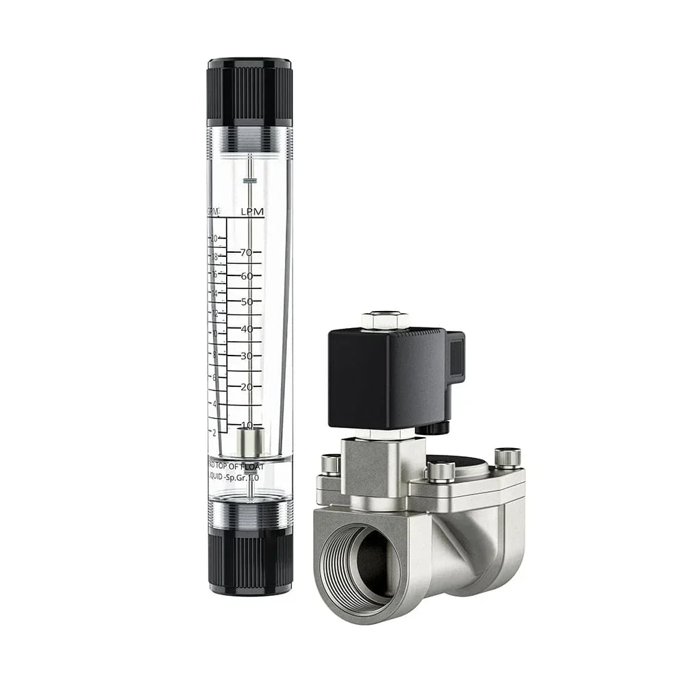 Flow meter and stainless steel solenoid valve kit with LPM scale for liquid control