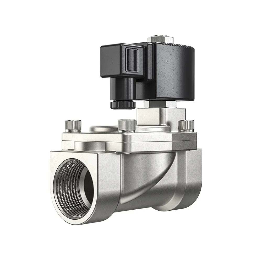 Stainless steel electric solenoid valve with black actuator for water pump systems