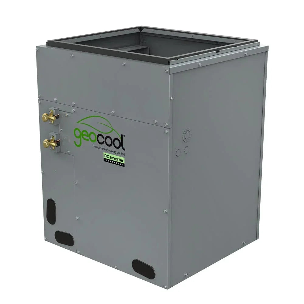 GeoCool DC Inverter gray HVAC unit with brass connectors and energy-saving branding