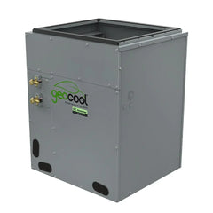 GeoCool DC Inverter gray HVAC unit with brass connectors and energy-saving branding