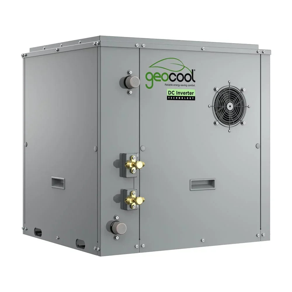 geocool DC inverter technology gray metal unit with vent and connectors, energy-saving HVAC equipment