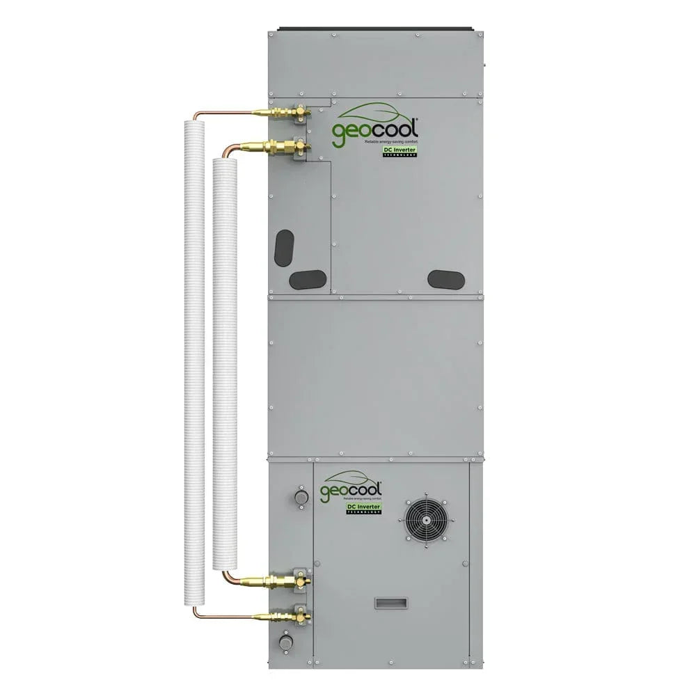 geocool DC inverter geothermal heat pump with metal casing and exposed copper pipes