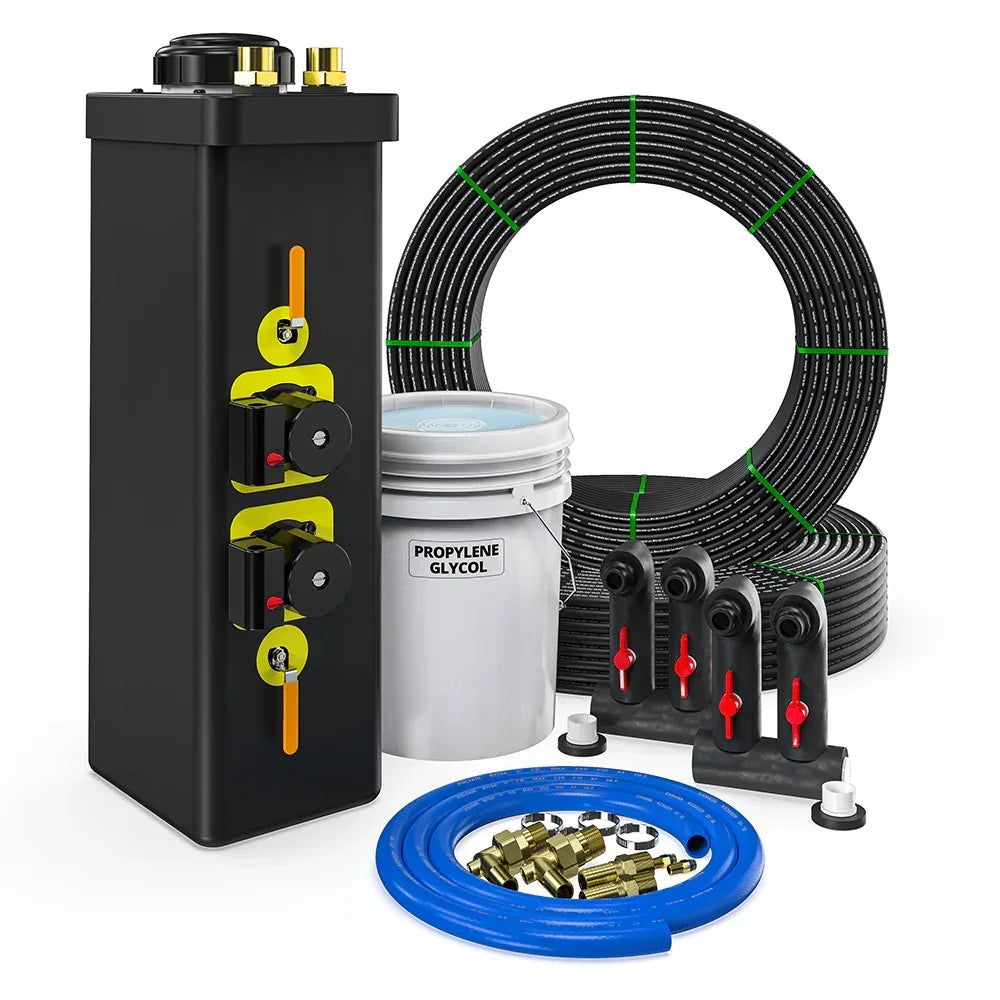 GeoCool geothermal installation kit with heat exchanger, propylene glycol, tubing, and fittings