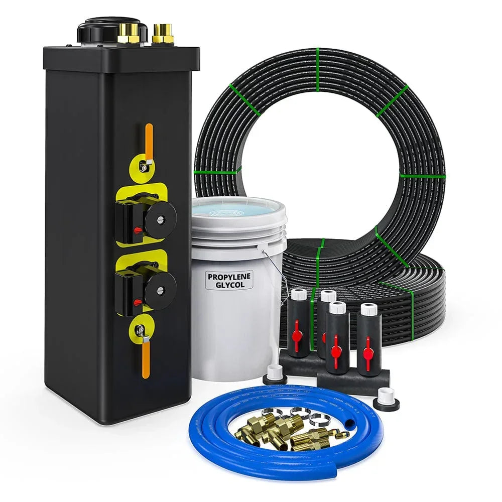 GCI geothermal heat pump installation kit with pipes, glycol, valves, and fittings