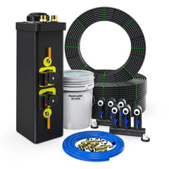 GeoCool geothermal installation kit with black tank, tubing, connectors, and propylene glycol