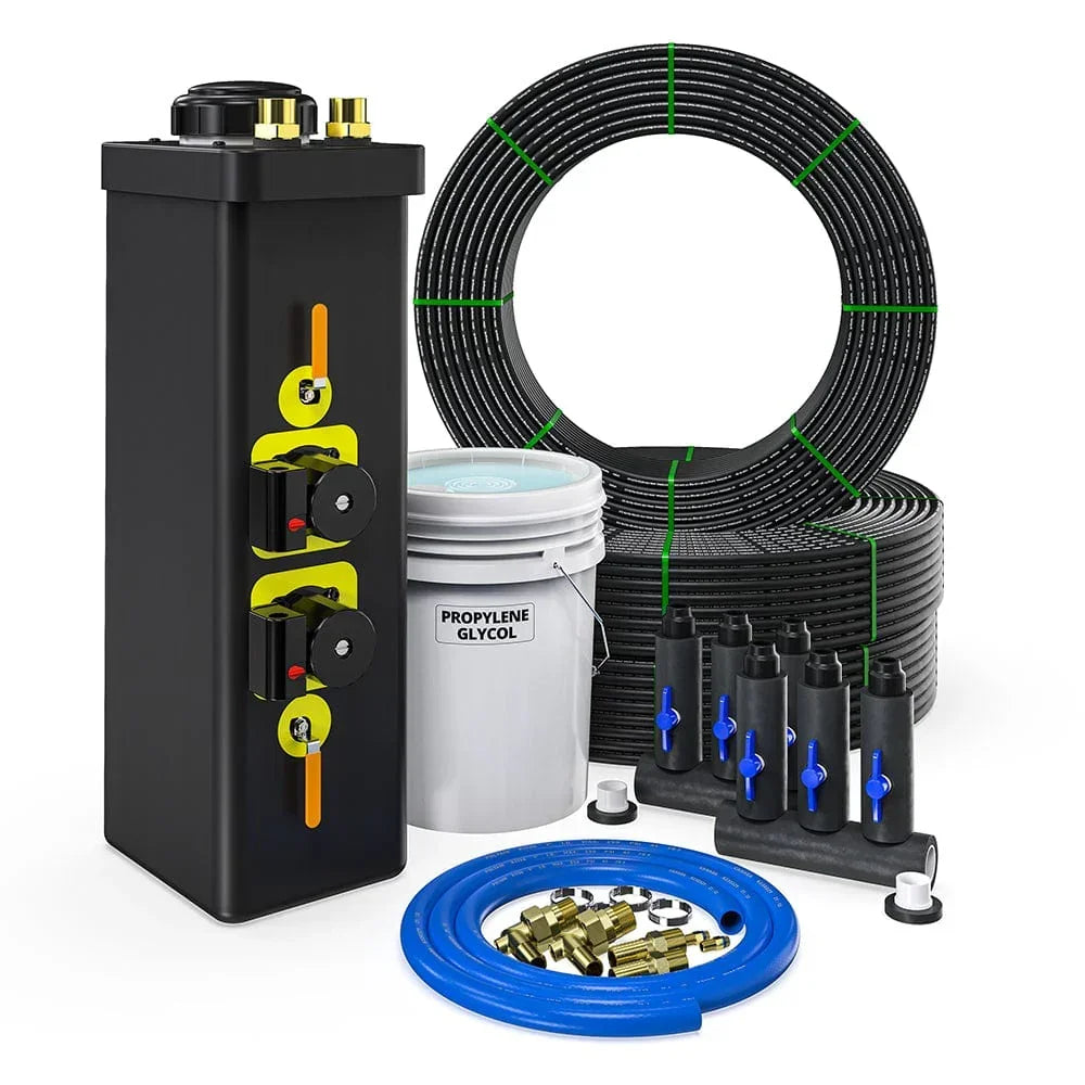 mc-gci geothermal ground loop installation kit with manifold, propylene glycol, hoses, and fittings