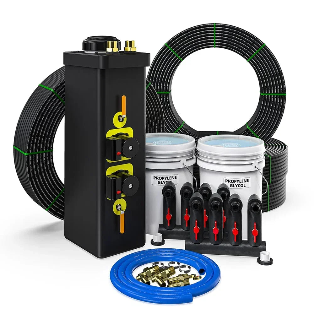 MC brand geothermal installation kit with tank, coiled piping, propylene glycol, valves, and fittings