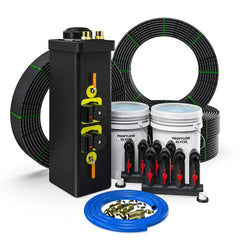 MC brand geothermal installation kit with tank, coiled piping, propylene glycol, valves, and fittings
