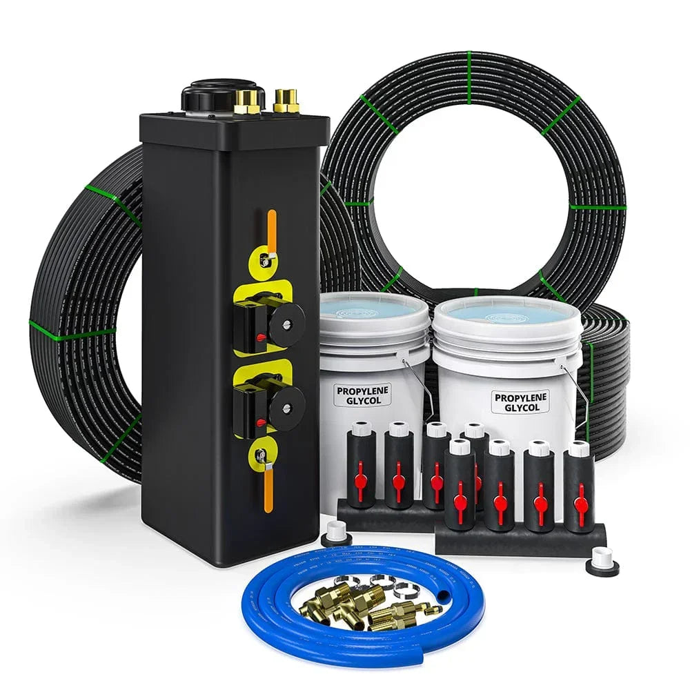 Mc Gci geothermal installation kit with insulated tank, tubing, propylene glycol buckets, and fittings