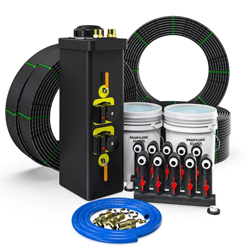 mc gci geothermal heat pump installation kit with black control box, coiled pipes, propylene glycol buckets, blue hose, and brass fittings