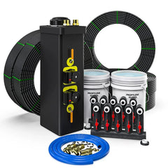 mc gci geothermal heat pump installation kit with black control box, coiled pipes, propylene glycol buckets, blue hose, and brass fittings