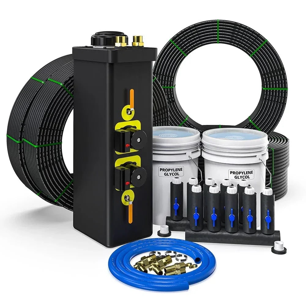 Mc GCI geothermal heat pump installation kit with pipes, propylene glycol, and fittings