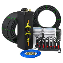 Geothermal kit with black tubing coils, propylene glycol containers, manifold, and connectors