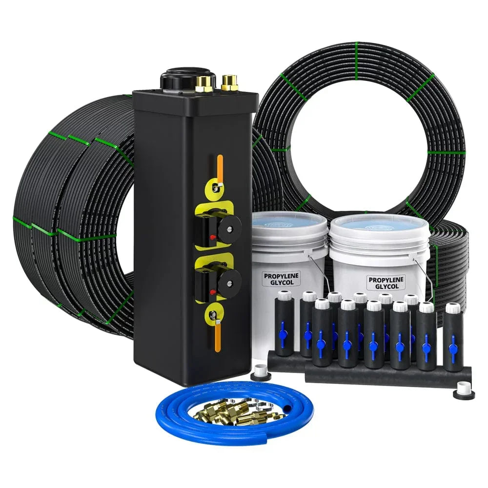GeoCool geothermal ground loop kit with coiled pipe, manifold, glycol buckets, and fittings