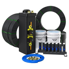 GeoCool geothermal ground loop kit with coiled pipe, manifold, glycol buckets, and fittings