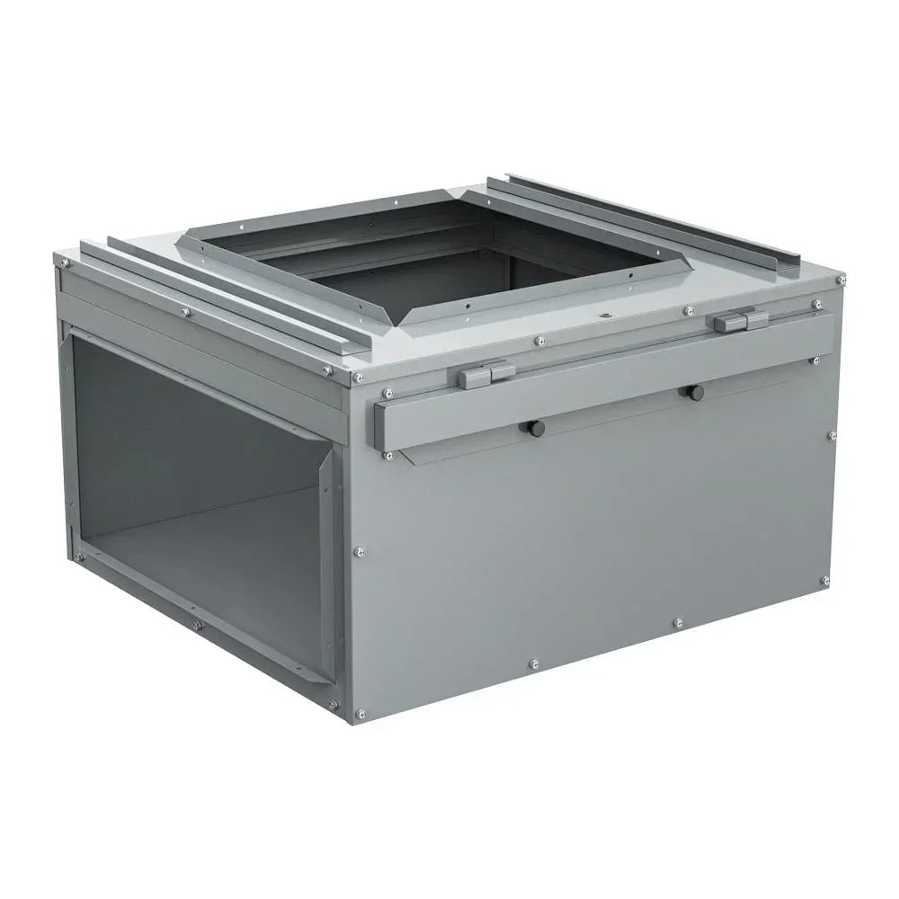 MC-GCI metal return air box for HVAC systems, rectangular, gray, side opening