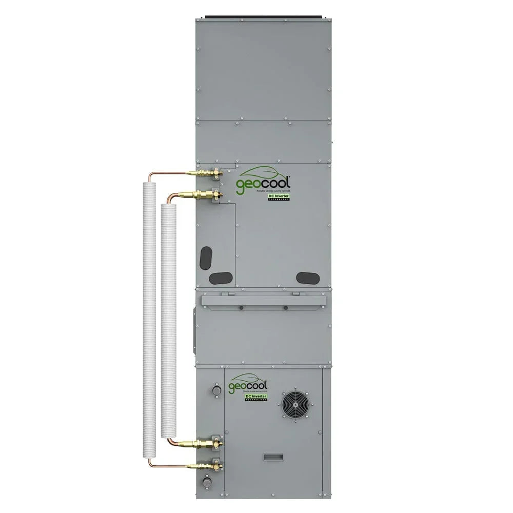 GeoCool vertical geothermal heat pump unit with copper pipes and ventilation components