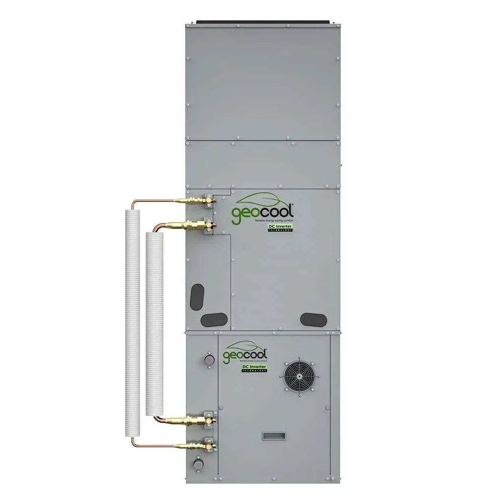 Geocool DC Inverter gray geothermal heat pump with copper pipes and fan, front view