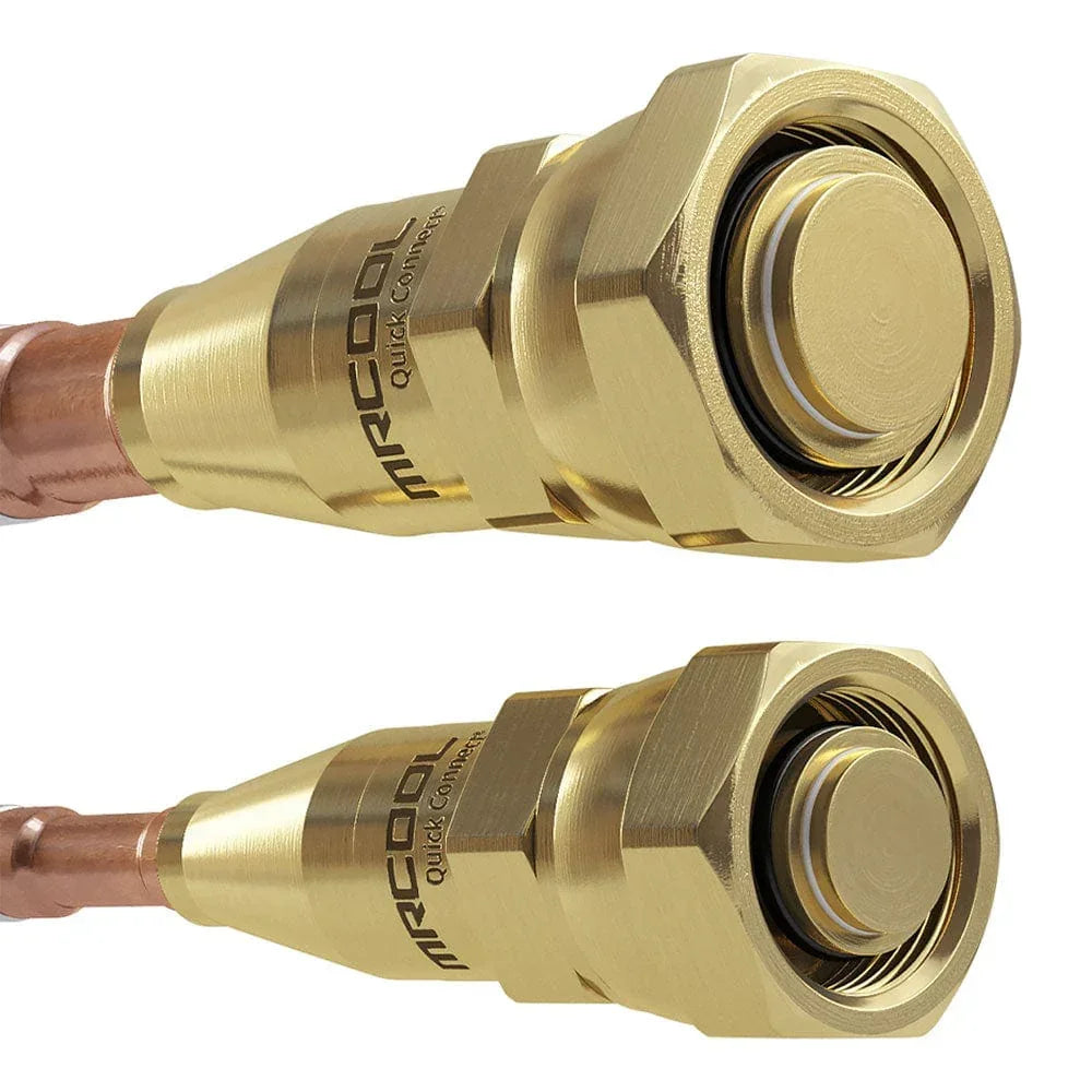 MRCOOL brass quick connect fittings for HVAC copper refrigerant lines, close-up view