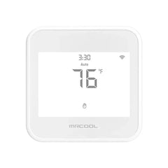 MRCOOL smart thermostat with digital display showing 76°F, modern white touch screen