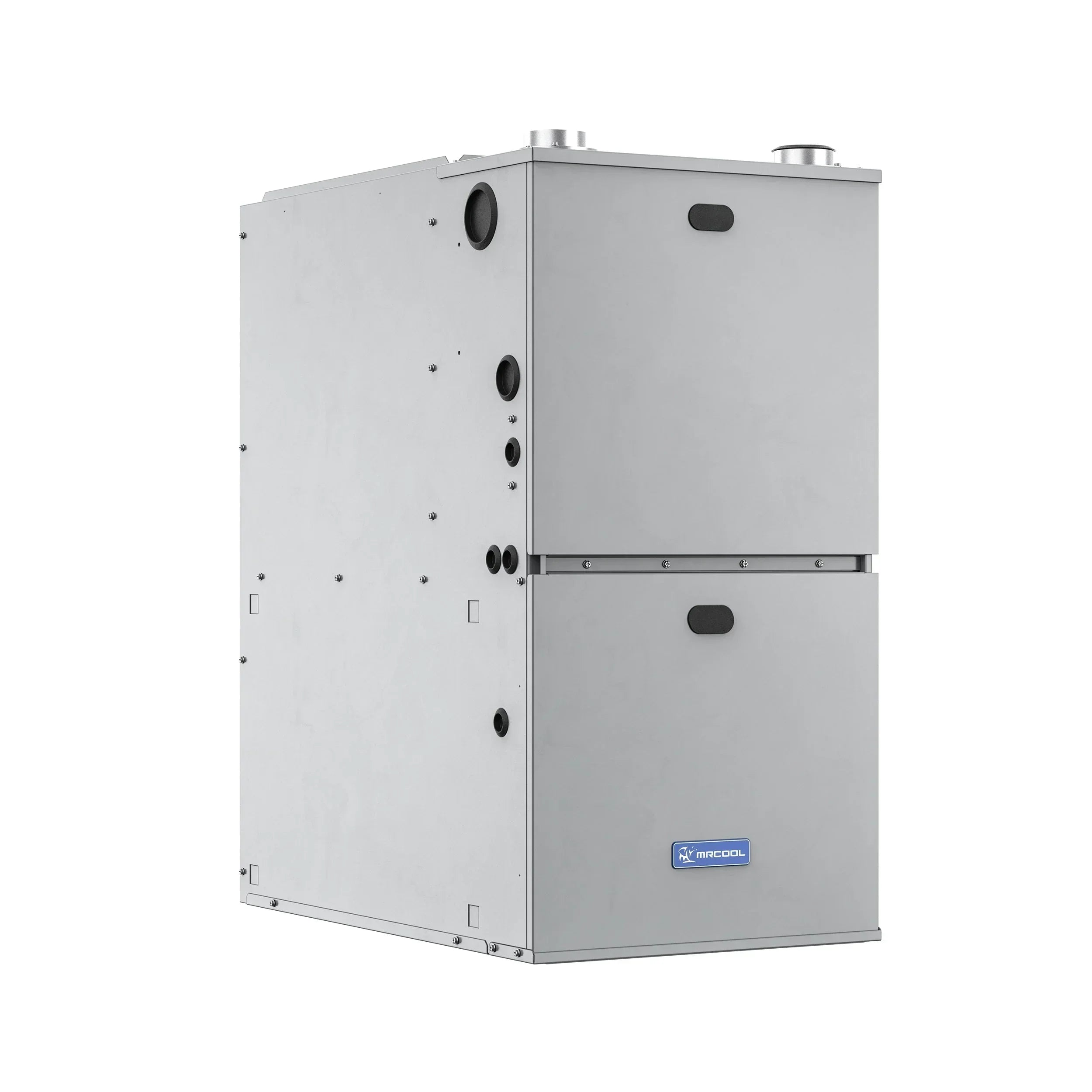 MRCOOL high-efficiency furnace unit with silver metal exterior and vent ports