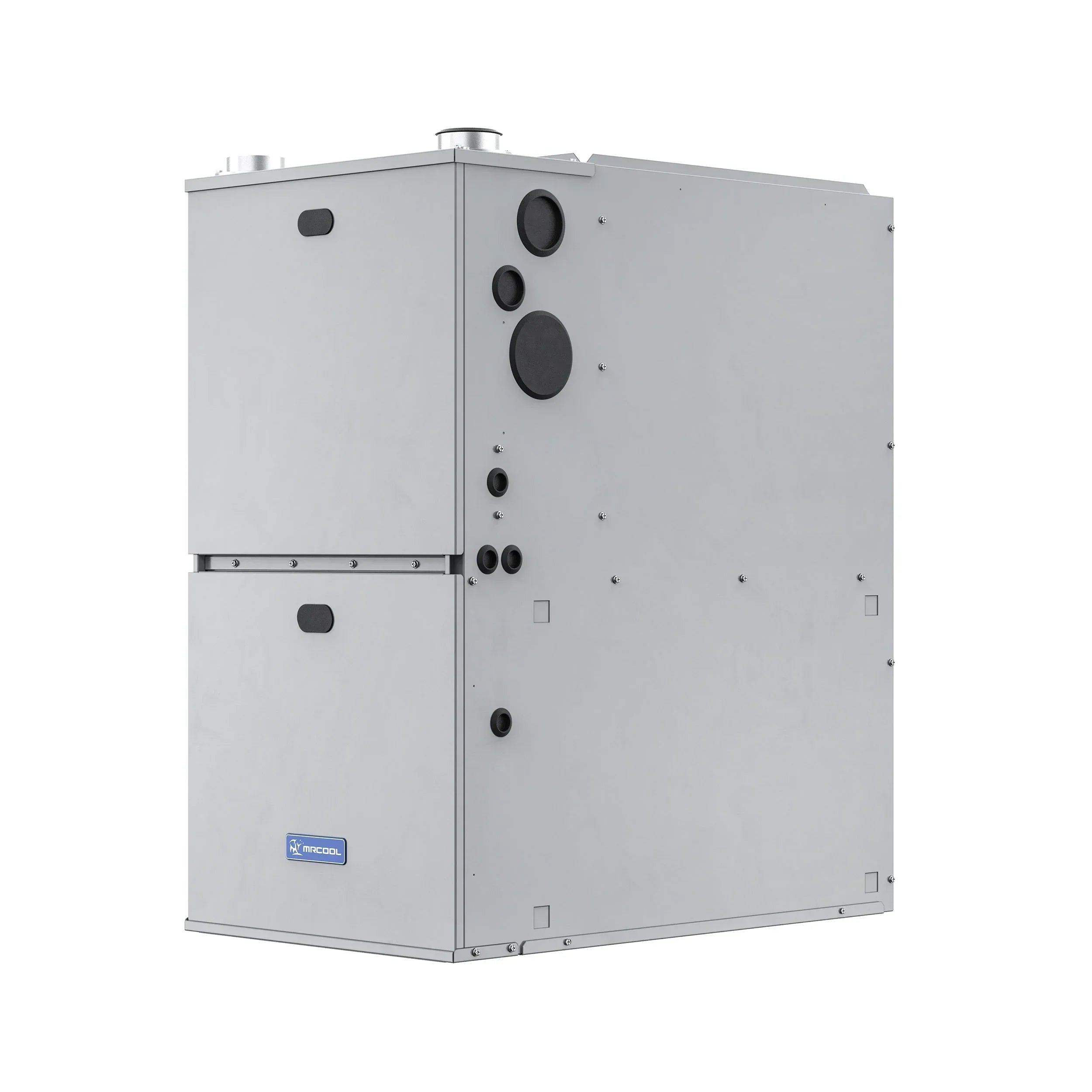 MRCOOL silver HVAC air handler unit with vent ports for heating and cooling systems