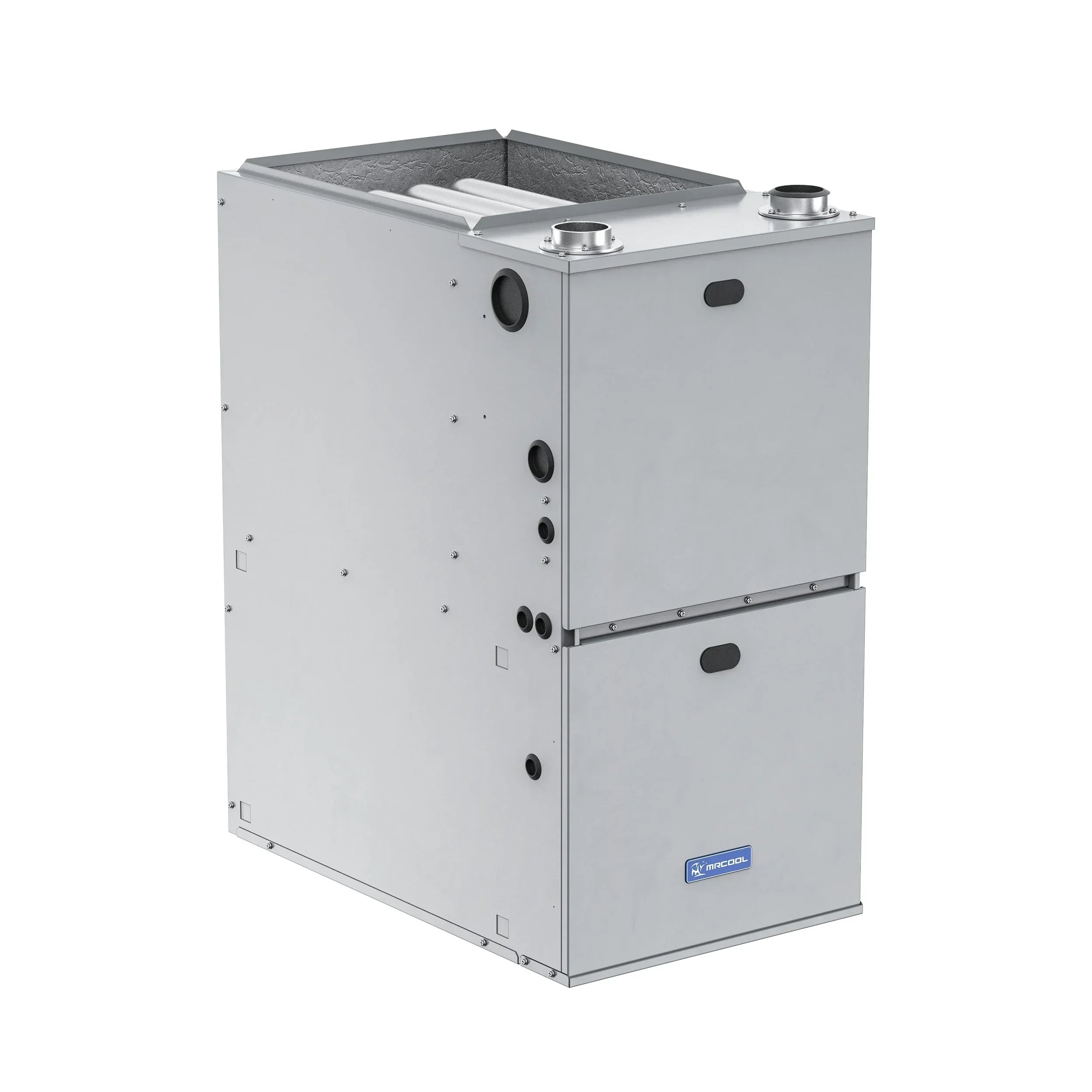 MRCOOL high-efficiency HVAC furnace, metal cabinet, top air vents, side piping ports