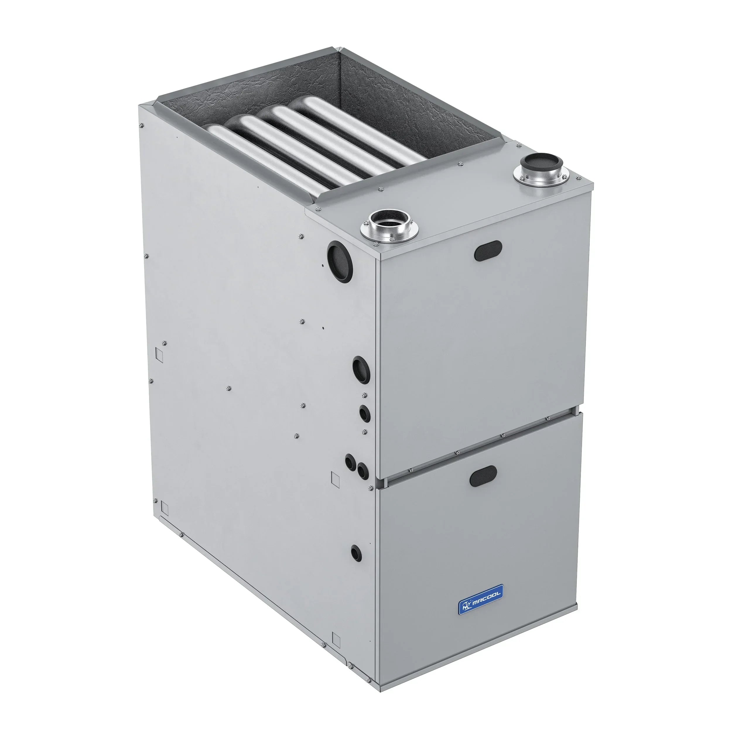 MRCOOL high-efficiency silver furnace unit with exposed heat exchanger pipes