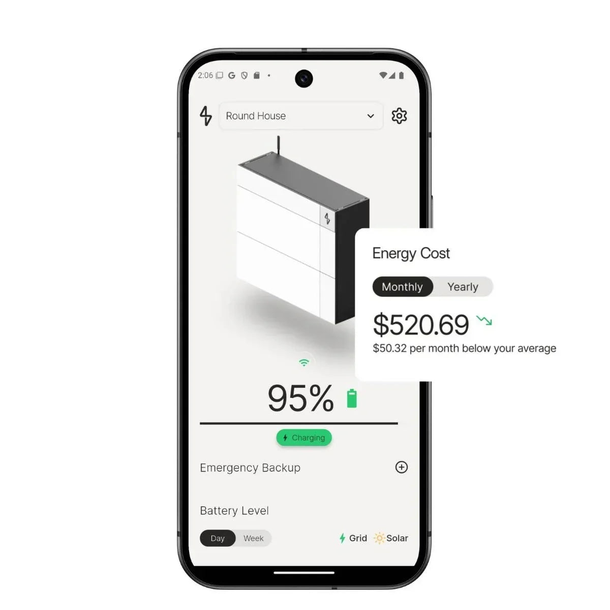 Mobile app screen monitoring home battery backup system charge and energy cost