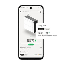 Mobile app screen monitoring home battery backup system charge and energy cost
