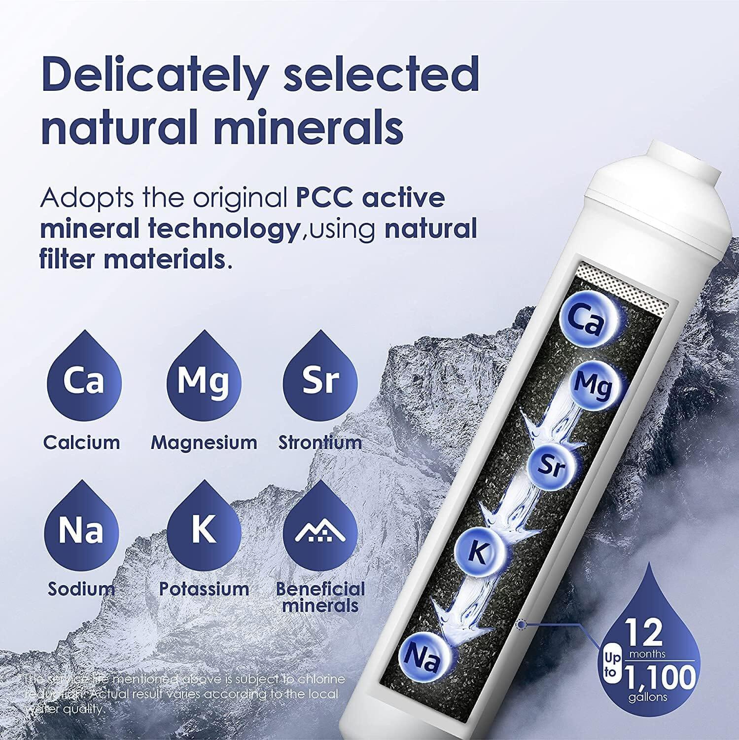 PCC filter cartridge showing natural minerals like calcium, magnesium, potassium and sodium.