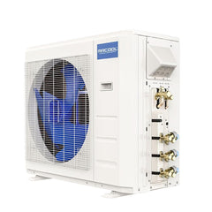 MRCOOL 18K mini split R454B condenser unit with visible fan and connection ports