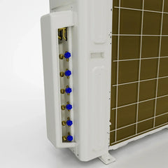 MRCOOL multi-zone 6-port condenser unit with visible brass fittings and blue caps