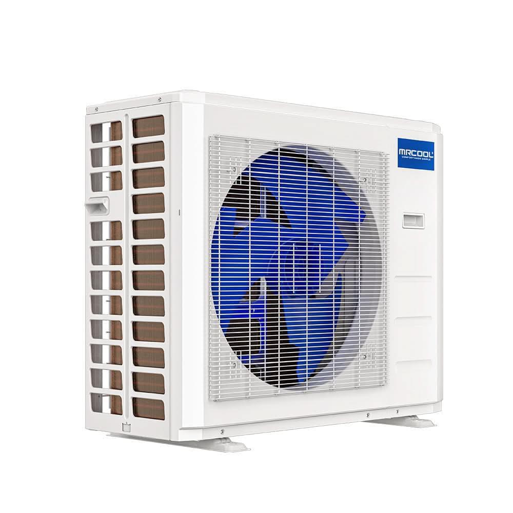 MRCOOL 5th Gen DIY 3-zone condenser R454B front angle, white outdoor HVAC unit with fan grill