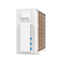 MRCOOL 5th Gen DIY condenser right side view with visible blue ports and metal grille