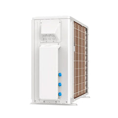 MRCOOL 5th Gen DIY condenser right side view with visible blue ports and metal grille