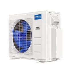 MRCOOL 5th Gen DIY multi-zone condenser unit, white casing, visible fan, side view