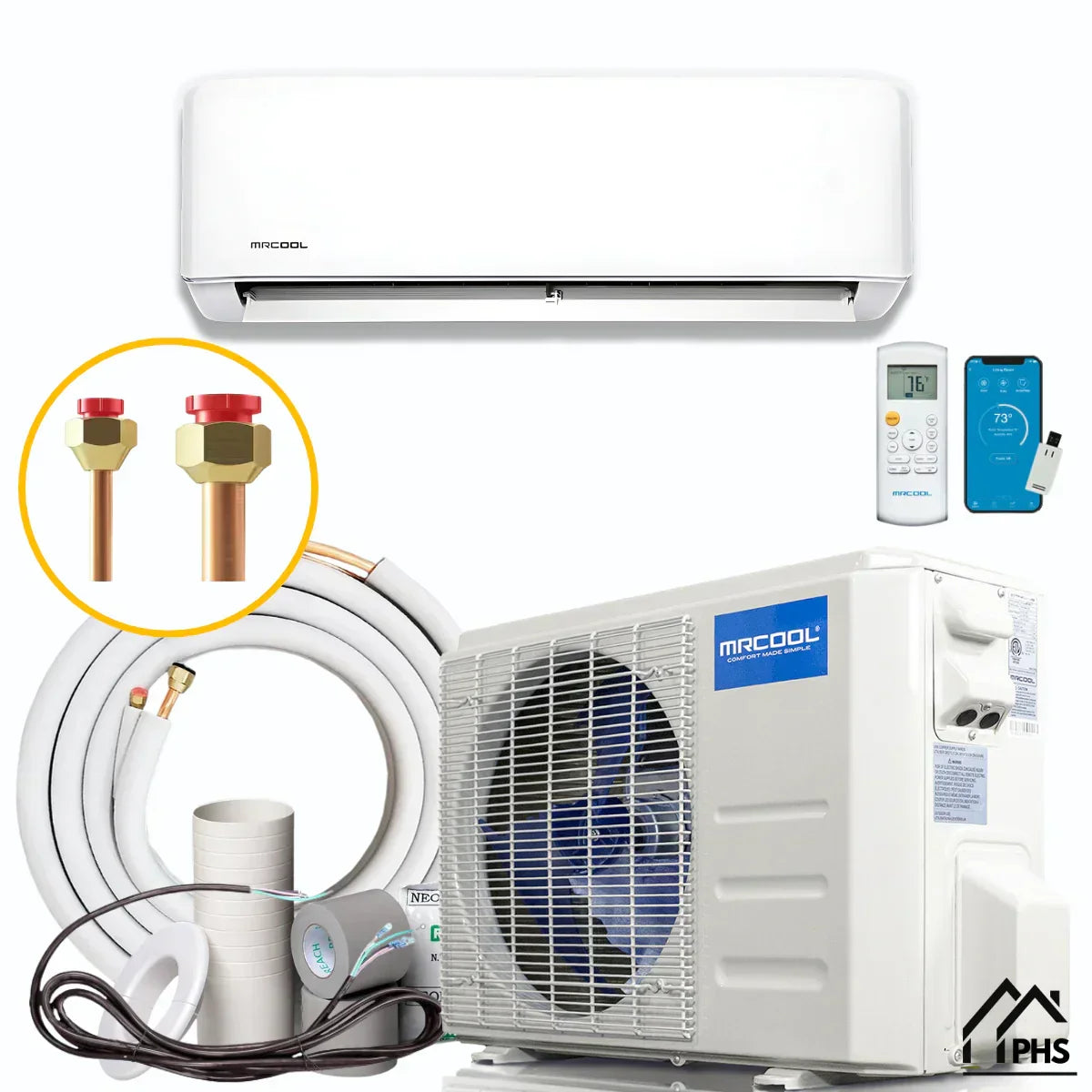 MRCOOL 4th Gen mini split air conditioner with indoor and outdoor units, remote, and installation kit