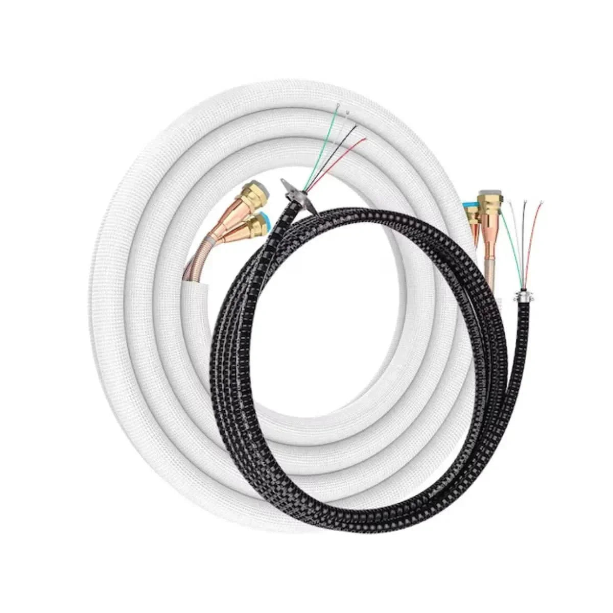 MRCOOL DIY line set and control wire for 5th Gen mini split, coiled with connectors and wires visible.