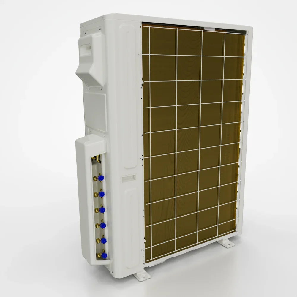 MRCOOL DIY 55k BTU condenser side view showing dimensions and copper line connections
