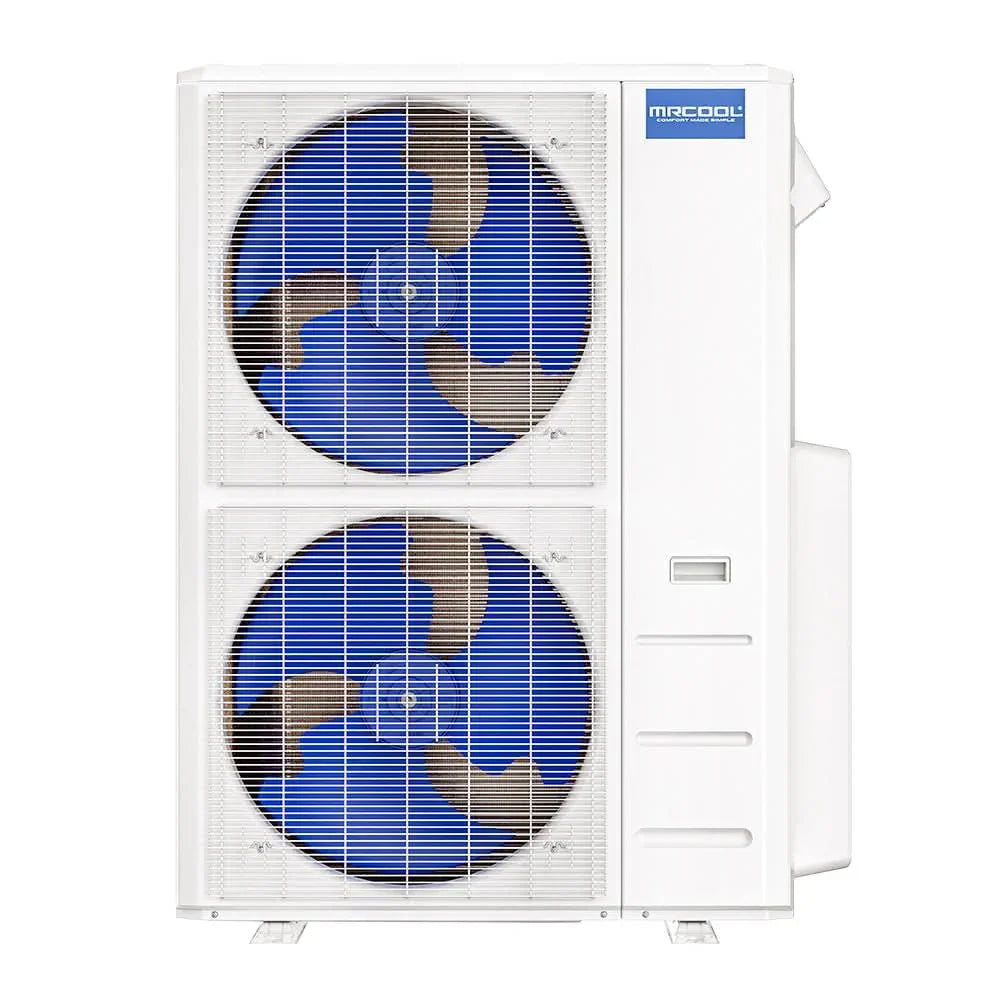 MRCOOL DIY 55k double stack condenser front view with dual blue fans
