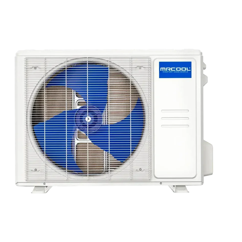MRCOOL outdoor mini split unit with blue fan and white metal casing, HVAC system