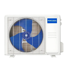 MRCOOL outdoor mini split unit with blue fan and white metal casing, HVAC system