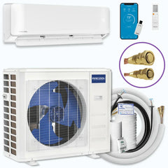 MRCOOL Easy Pro mini split air conditioner and heat pump system with indoor and outdoor units, remote, connectors, and smart controls